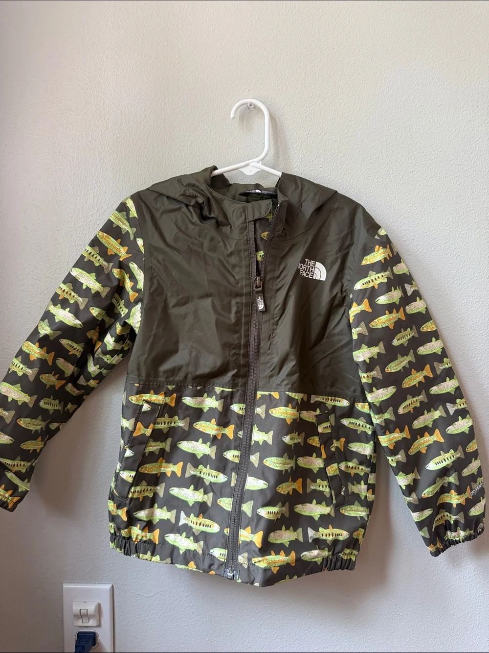 The North Face Olive Green Kids' Hooded Fish-Print Windbreaker